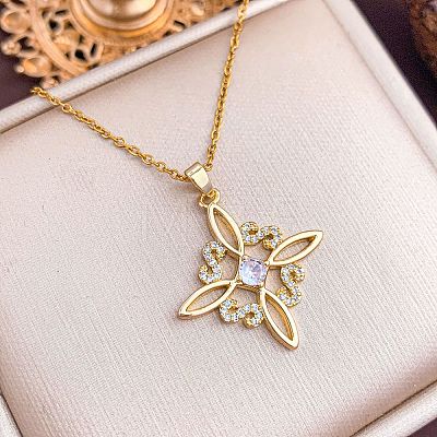 Brass Micro Pave Clear Cubic Zirconia Viking Knot Pendant 304 Stainless Steel Cable Chain Necklaces for Women WG5818B-01-1