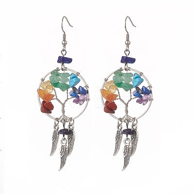 Natural & Synthetic Mixed Gemstone Chips Tree of Life with Alloy Feather Chandelier Earrings EJEW-JE05213-1