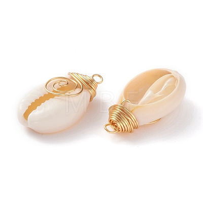 Natural Cowrie Shell Wire Wrapped Pendants PALLOY-JF00571-02-1