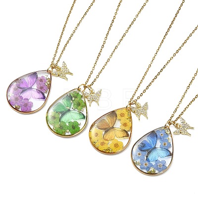 Transparent Epoxy Resin Teardrop & Brass Micro Pave Clear Cubic Zirconia Butterfly Pendant 304 Stainless Steel Cable Chain Necklaces for Women NJEW-JN06288-1