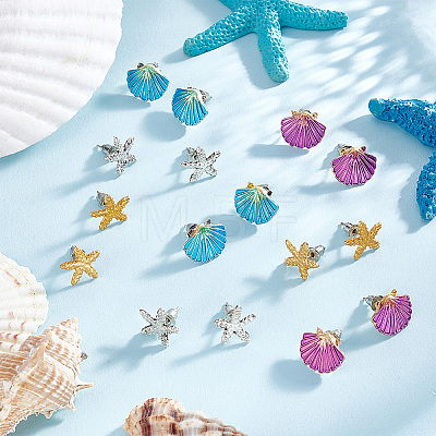   18 Pairs 7 Style Shell & Starfish & Turtle & Helm Zinc Alloy Stud Earrings Sets with Enamel EJEW-PH0001-16-1