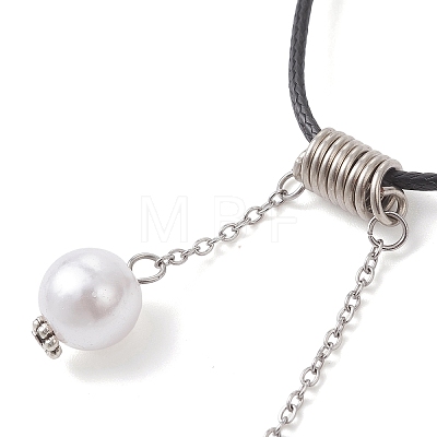 ABS Plastic Imitation Pearl Round Tassel Pendant Black Waxed Polyester Cord Necklaces for Women NJEW-JN05610-01-1