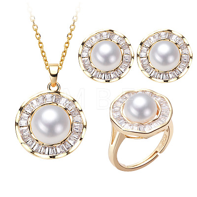 Brass Micro Pave Clear Cubic Zirconia Pendant Necklaces & Stud Earrings & Rings Sets WG2C5C9-02-1