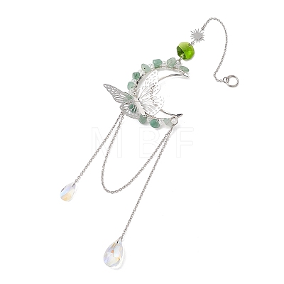 3Pcs Natural Rose Quartz & Aquamarine & Green Aventurine Chips & Brass Moon & 304 Stainless Steel Butterfly Suncatcher HJEW-TA00449-1