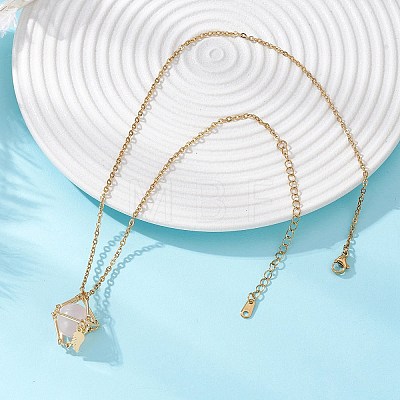 Brass Macrame Pouch Natural Rose Quartz Inside & 304 Stainless Steel Pendant Necklaces for Women NJEW-JN05607-02-1