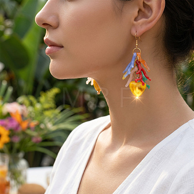 Alloy Resin Heart & Coral Dangle Earrings for Women WGCFA9C-05-1