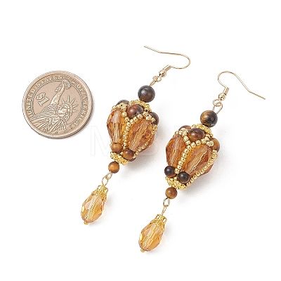 Teardrop Natural Tiger Eye & Glass Beaded Dangle Earrings EJEW-MZ00686-01-1