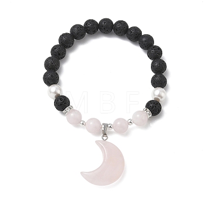 Natural Madagascar Rose Quartz & Lava Rock & Shell Pearl Charm Bracelets BJEW-JB13707-02-1