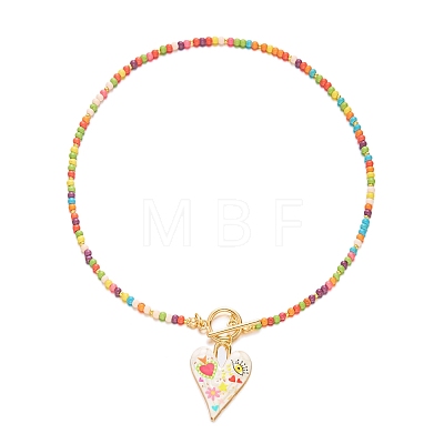 Bohemian Zinc Alloy Enamel Heart Pendant Glass Seed Beaded Nacklaces with OT Clasps for Women WGD622F-01-1