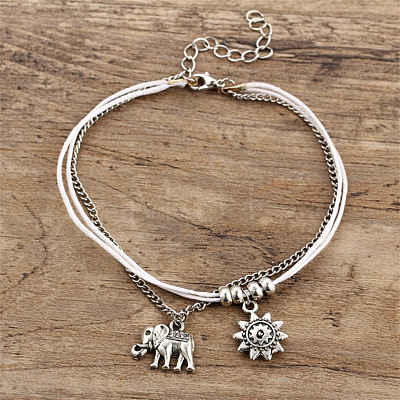 Sun & Elephant Alloy Charm Waxed Cord Double Layer Anklets for Women FS-WG1794C-01-1