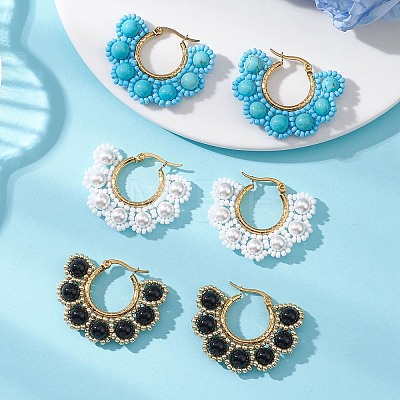 Shell Pearl & Synthetic Green Turquoise & Natural Black Onyx Round Hoop Earrings EJEW-MZ00662-1