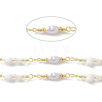 Brass Glass Bead Link Chains with ABS Imitation Pearl Beads CHS-P016-39G-04-1