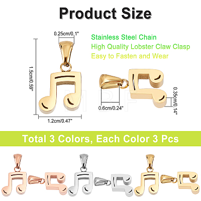 9Pcs 3 Colors 304 Stainless Steel Pendants STAS-DC0007-27-1