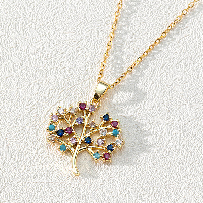 18K Gold Plated Tree of Life Pendant Necklace with CZ Stones Circle Cutout ST0397680-1