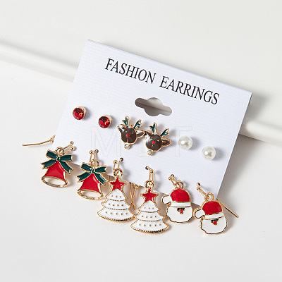 6 Pairs Christmas Zinc Alloy Enamel & Rhinestone & Plastic Pearl Dangle Earring & Stud Earring Sets FS-WGCB662-02-1