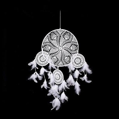 Handmade Round Cotton Woven Net/Web with Feather Wall Hanging Decoration HJEW-G015-06A-1