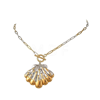 Two Tone 304 Stainless Steel Paperclip Chain Ocean Shell Shape Pendant Necklaces NJEW-JN06572-1