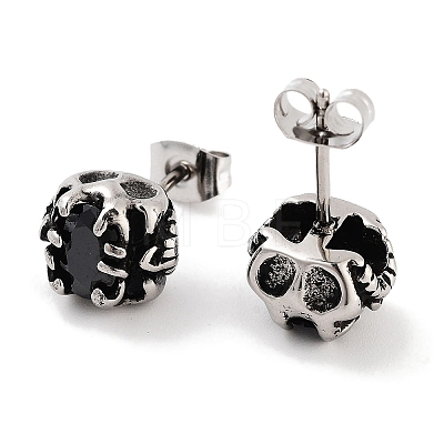 Halloween Skull 316 Surgical Stainless Steel Pave Black Cubic Zirconia Stud Earrings for Women Men EJEW-Z050-12AS-1