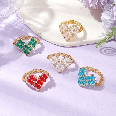 Heart Glass Seed Beads Stretch Rings for Women RJEW-MZ00028-1