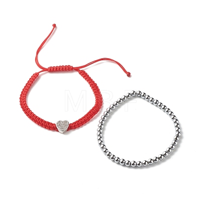 Heart Brass Micro Pave Cubic Zirconia Braided Bead Bracelets Set for Teen Girl Women BJEW-JB07044-1