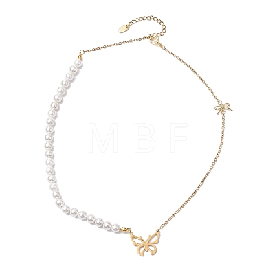 Bowknot Alloy Shell Pearl Beaded Necklaces NJEW-JN04819-1