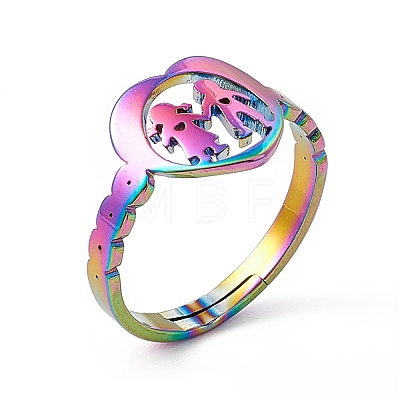 Ion Plating(IP) 201 Stainless Steel Heart with Lovers Adjustable Ring for Valentine's Day RJEW-K238-11M-1