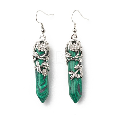 Synthetic Malachite Bullet with Flower Dangle Earrings EJEW-G300-02P-11-1