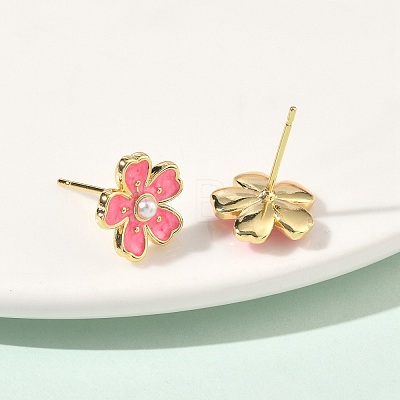 Flower Brass & ABS Plastic Pearl Stud Earrings EJEW-P336-07G-07-1