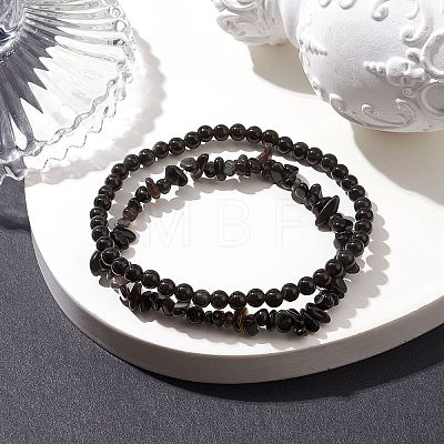 Chip & Round Natural Obsidian Beaded Stretch Bracelets for Women BJEW-JB10189-02-1