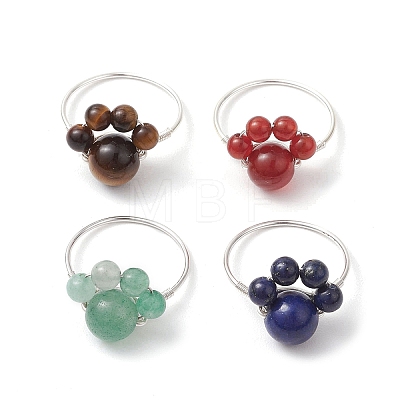 Dog Paw Print Natural Lapis Lazuli & Green Aventurine & Tiger Eye & Carnelian Finger Rings RJEW-TA00179-02-1