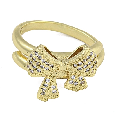 Bowknot Brass Micro Pave Clear Cubic Zirconia Open Cuff Double Rings RJEW-Z046-04G-01-1