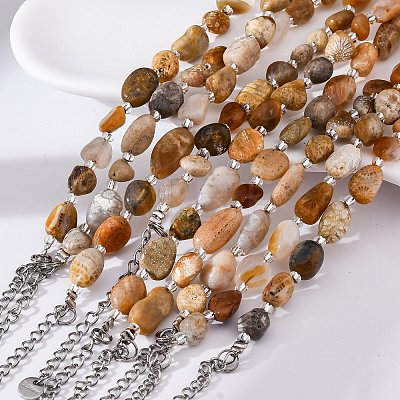 Natural Fossil Coral Beaded Bracelets for Women G-P563-07P-02-1