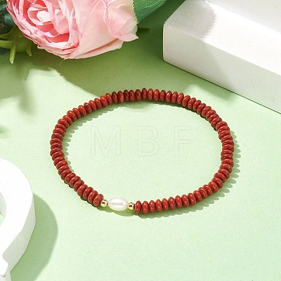 Natural Red Jasper Rondelle & Pearl Beaded Stretch Bracelets BJEW-JB09918-01-1