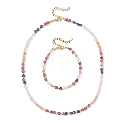 Natural Amethyst & Tourmaline & Sunstone & Rose Quartz Round Beaded Necklaces and Bracelet Set SJEW-JS01383-1