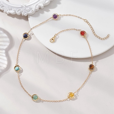 7 Chakra Natural Mixed Stone Round Beads Brass Cable Chain Necklaces NJEW-TA00235-1