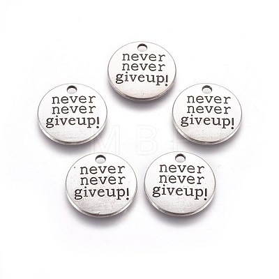 Tibetan Style Alloy Flat Round Carved Word Never Give Up Pendants X-TIBEP-12585-AS-RS-1