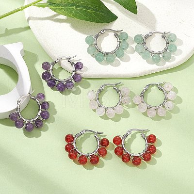 Natural & Synthetic Mixed Gemstone Round Beaded Hoop Earrings EJEW-JE05412-1