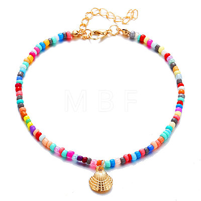 Bohemian Style Alloy Shell Shape Charm Colorful Glass Seed Beaded Anklets for Women FS-WGADE82-01-1