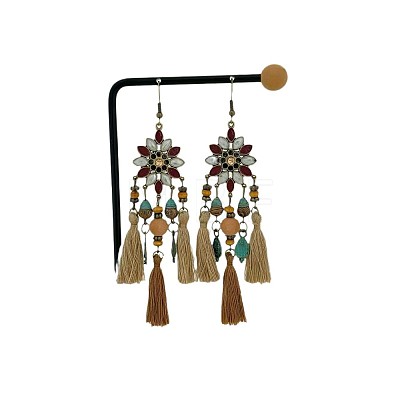 Bohemian Alloy Enamel & Wood & Resin Tassel Chandelier Earrings for Women WGE613F-01-1
