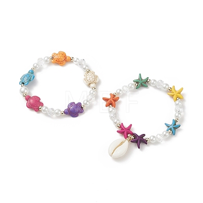 2Pcs 2 Style Starfish & Tortoise Synthetic Turquoise(Dyed) & Glass Pearl Beaded Stretch Bracelets Set BJEW-JB08994-1
