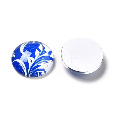 Blue and White Floral Printed Glass Cabochons GGLA-A002-18mm-XX-1