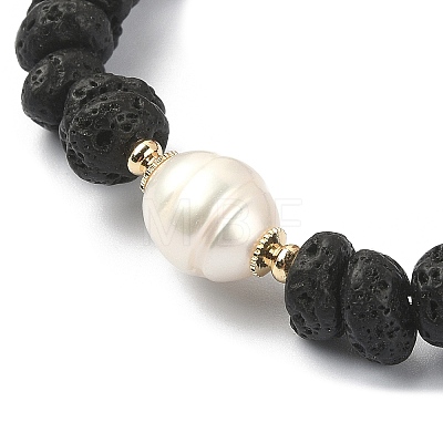 Natural Lava Rock & Pearl & Brass Beaded Stretch Bracelets BJEW-JB09493-01-1