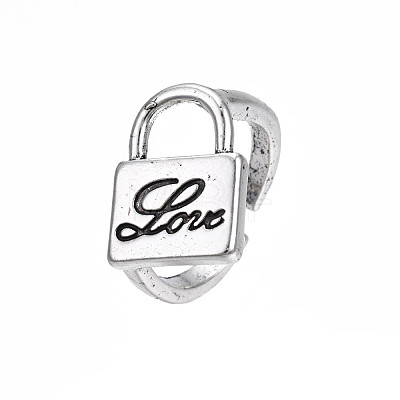 Padlock with Word Love Alloy Open Cuff Ring for Women RJEW-T009-42AS-1