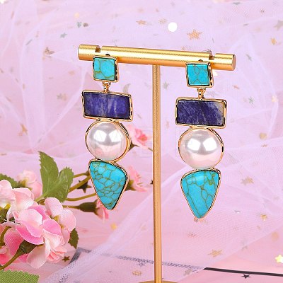Synthetic Turquoise Rectangle & Triangle Dangle Stud Earrings JE1131A-1