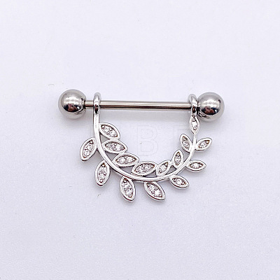 304 Stainless Steel Clear Cubic Zirconia Leaf Nipple Rings WG994A5-03-1