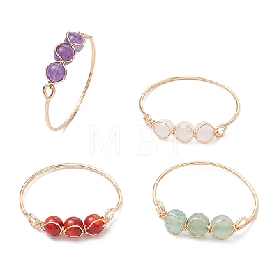 Copper Wire Wrapped Round Natural Amethyst & Rose Quartz & Green Aventurine & Carnelian Bead Rings for Women RJEW-JR00852-02-1