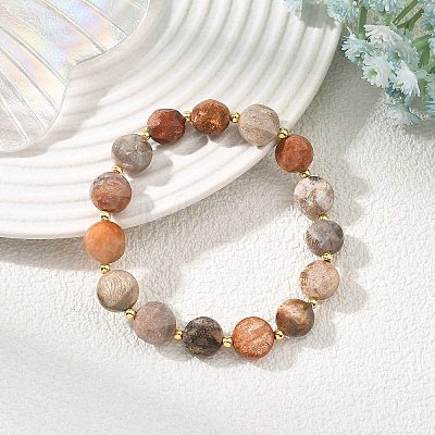 Natural Fossil Coral Faceted Flat Round Beaded Stretch Bracelets with Brass Round Beads for Women BJEW-JB14168-1