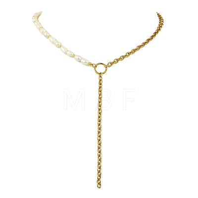 304 Stainless Steel Cable Chain Tassel Natural Pearl Rice Beaded Lariat Necklaces NJEW-JN06218-1