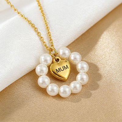 304 Stainless Steel with Plastic Pearl Beaded Ring Mum Heart Pendant Necklaces for Mother's Day FS-WG96BC2-01-1