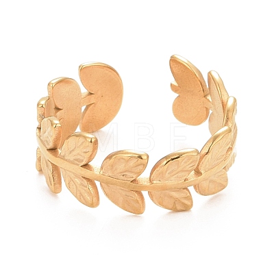 Ion Plating(IP) 304 Stainless Steel Leaf Wrap Open Cuff Ring for Women RJEW-C025-16G-1